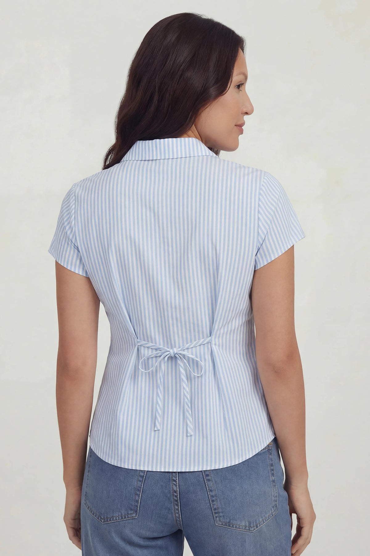 Alt View 2. Tie Back Button-Up Short Sleeve Top - Baby Blue