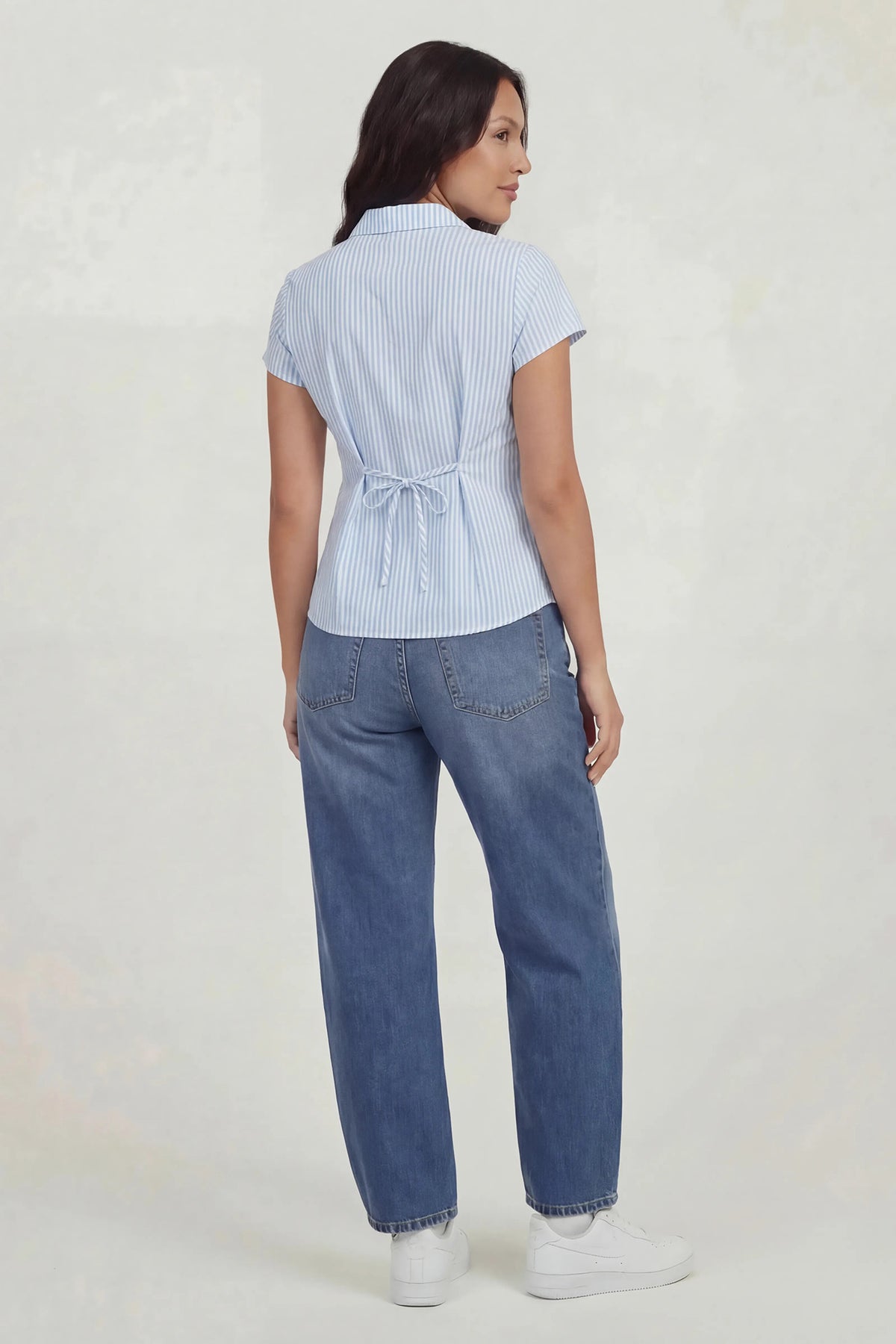 Alt View 4. Tie Back Button-Up Short Sleeve Top - Baby Blue
