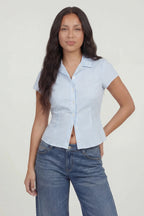 Tie Back Button-Up Short Sleeve Top