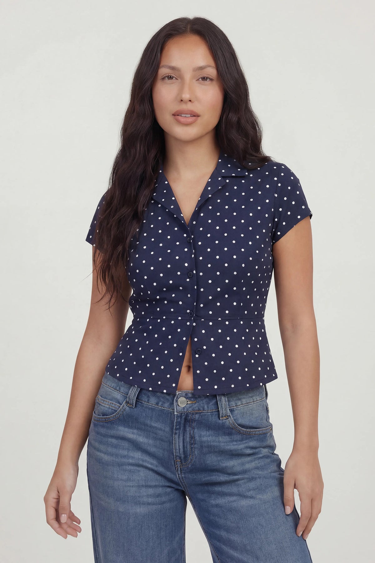 Tie Back Button-Up Short Sleeve Top - Navy