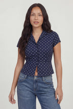Tie Back Button-Up Short Sleeve Top