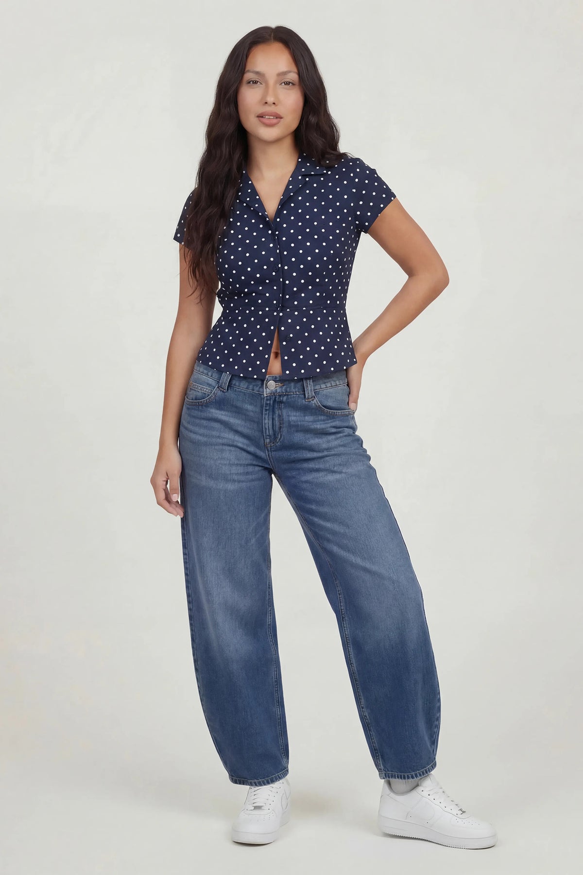 Alt View 3. Tie Back Button-Up Short Sleeve Top - Navy