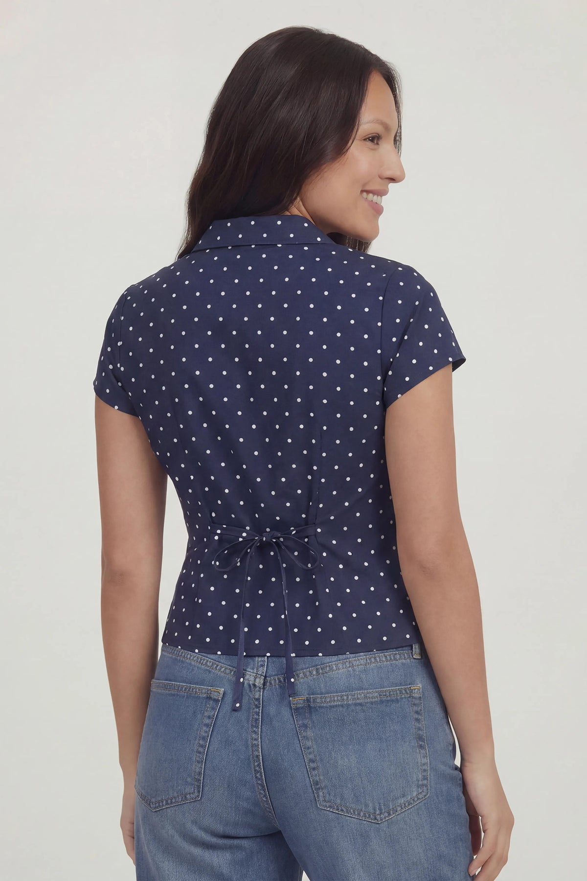 Alt View 2. Tie Back Button-Up Short Sleeve Top - Navy