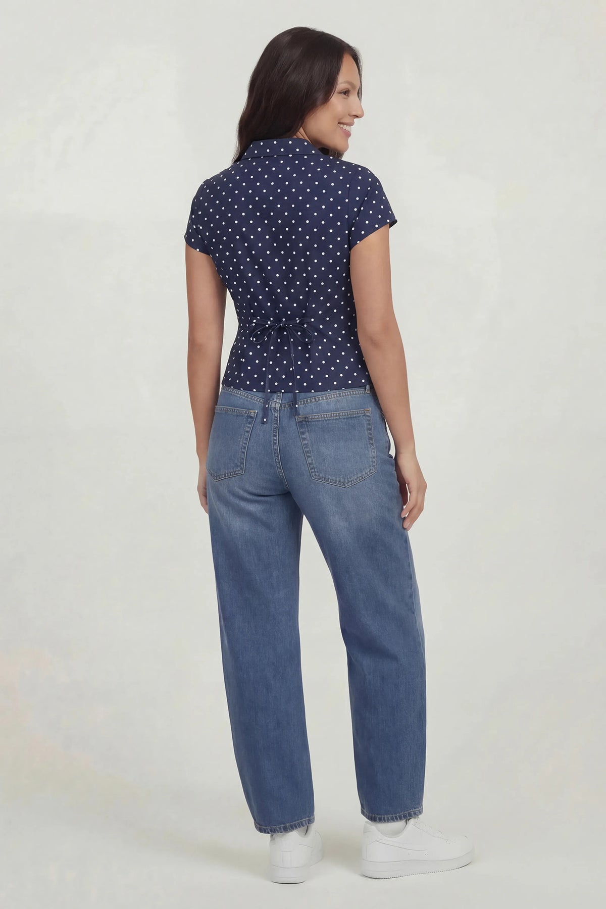 Alt View 4. Tie Back Button-Up Short Sleeve Top - Navy
