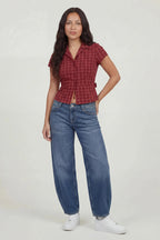 Tie Back Button-Up Short Sleeve Top