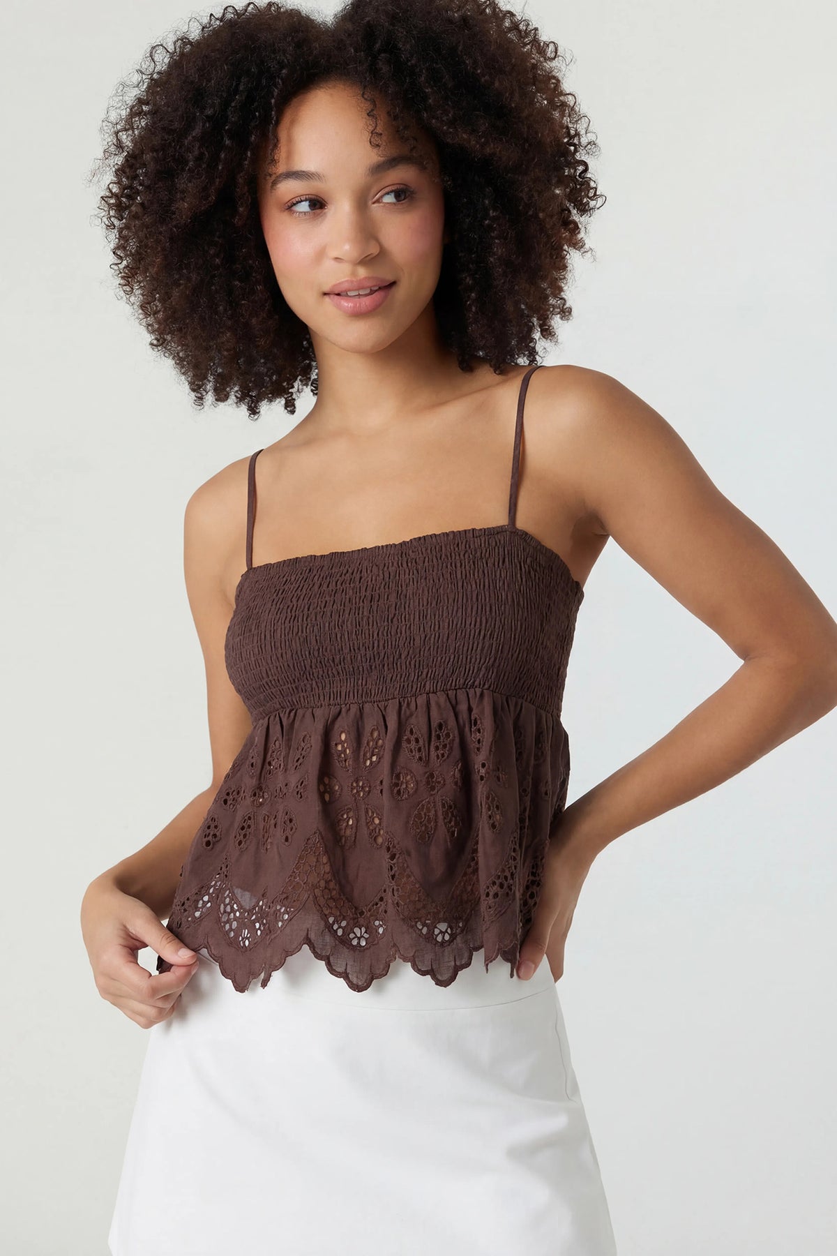 Eyelet Babydoll Tank - Brown
