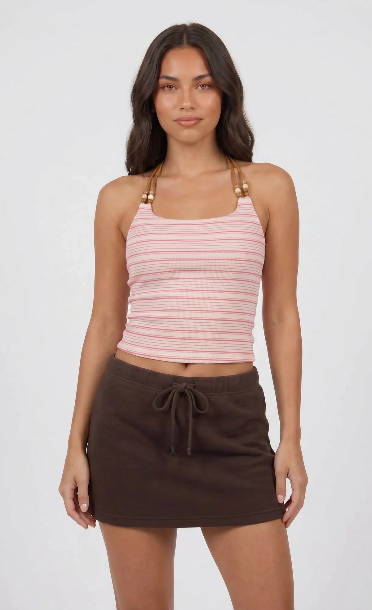 Beaded Straps Halter Top - Brown