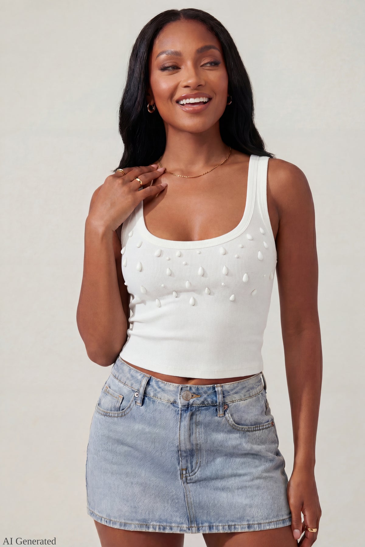 Teardrop Beaded Tank - White
