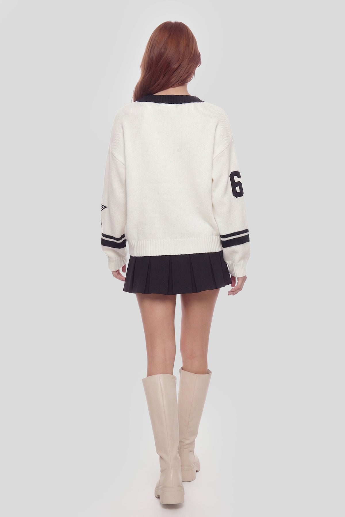 Alt View 2. Oversized V-Neck Varsity Sweater - Cream
