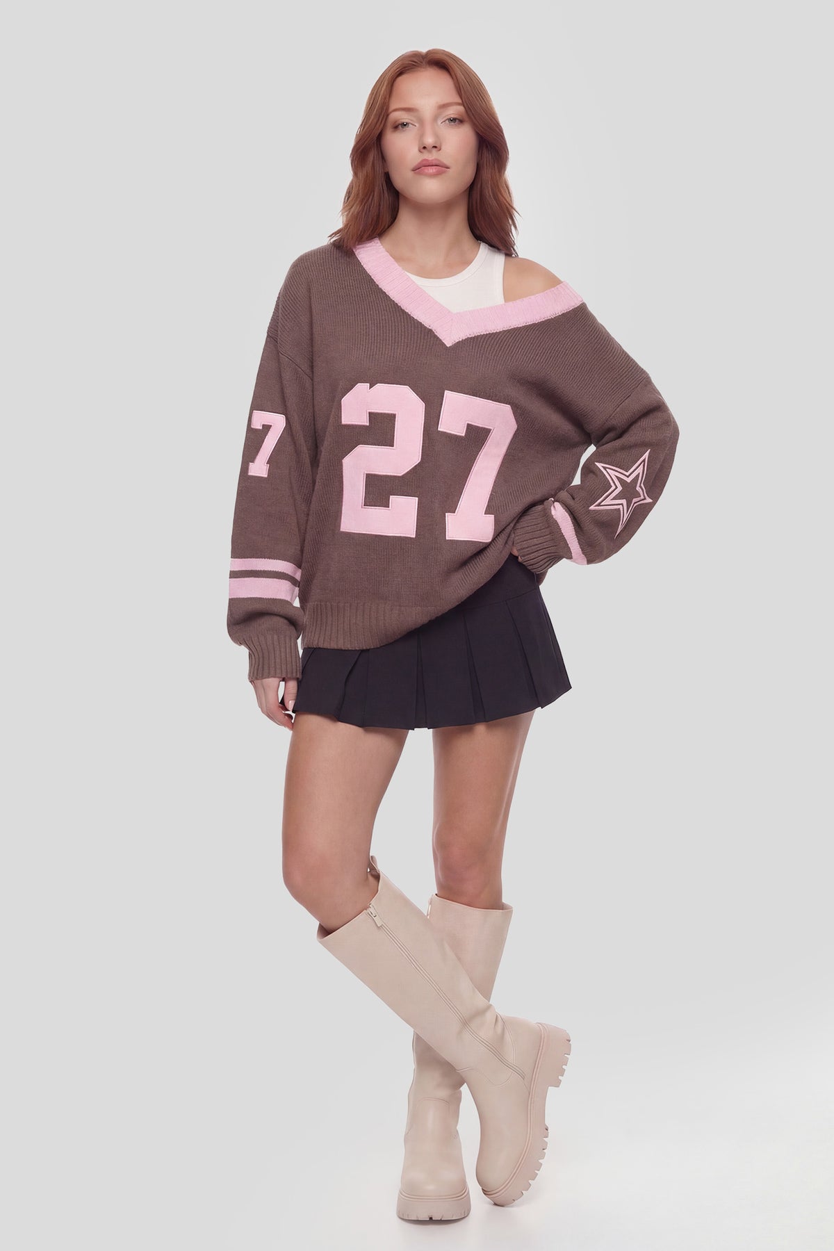 Oversized V-Neck Varsity Sweater - Brown