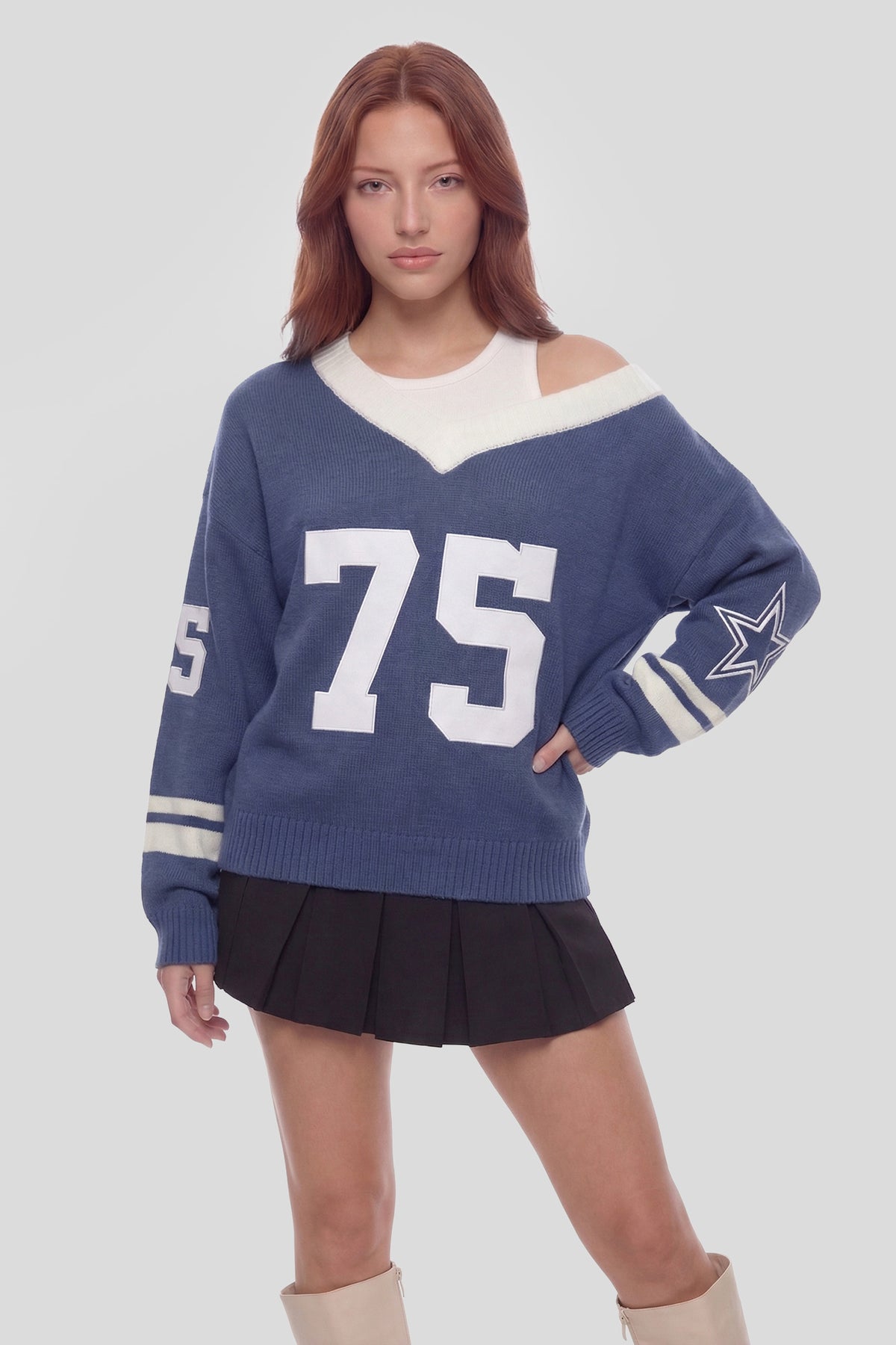 Oversized V-Neck Varsity Sweater - Navy