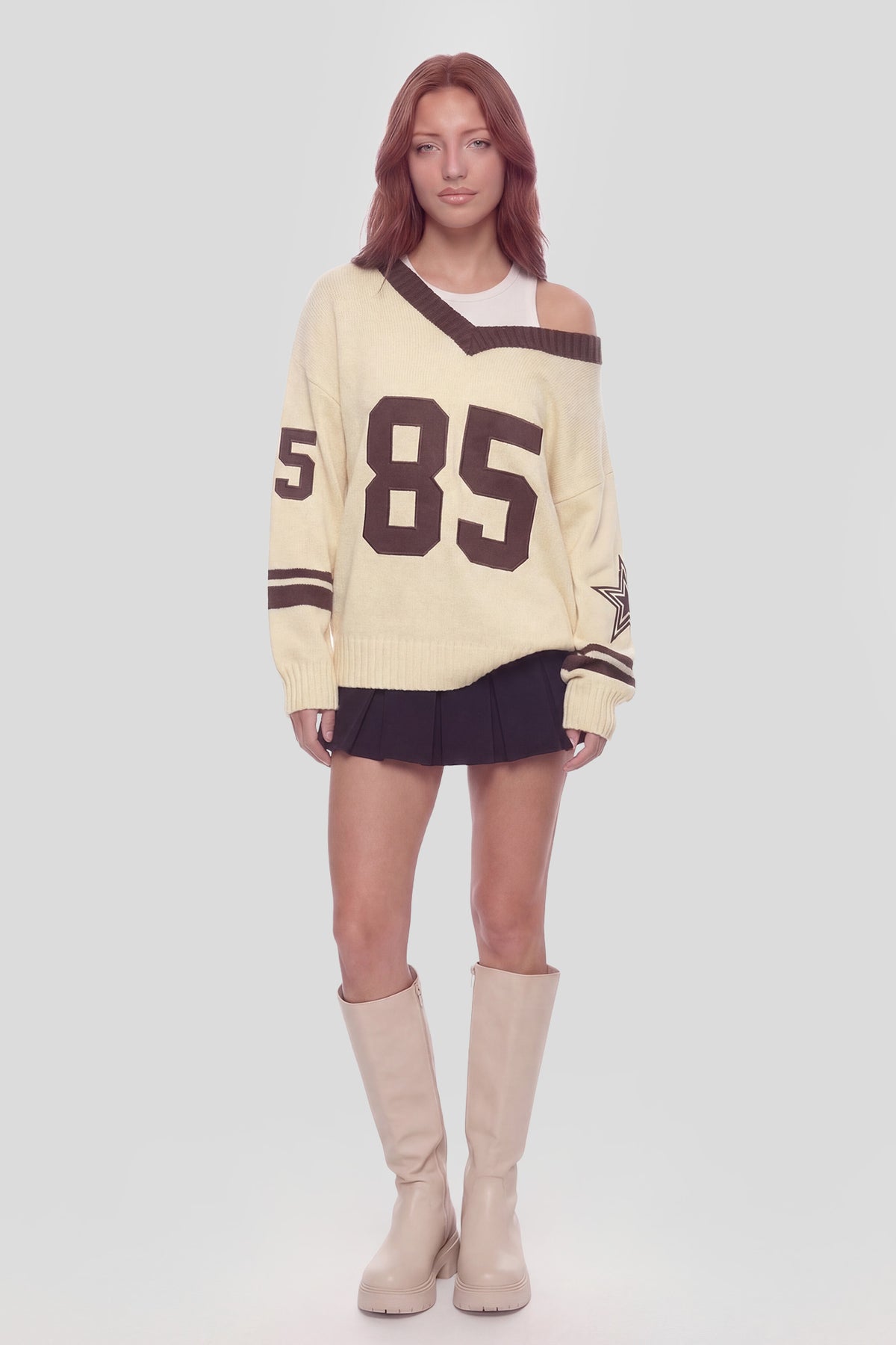 Oversized V-Neck Varsity Sweater - Yellow