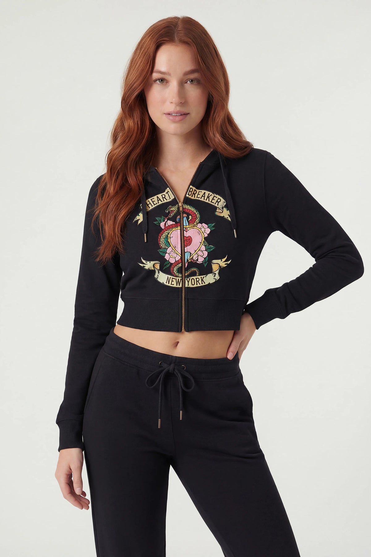 Graphic Fleece Cropped Zip-Up Hoodie - Black