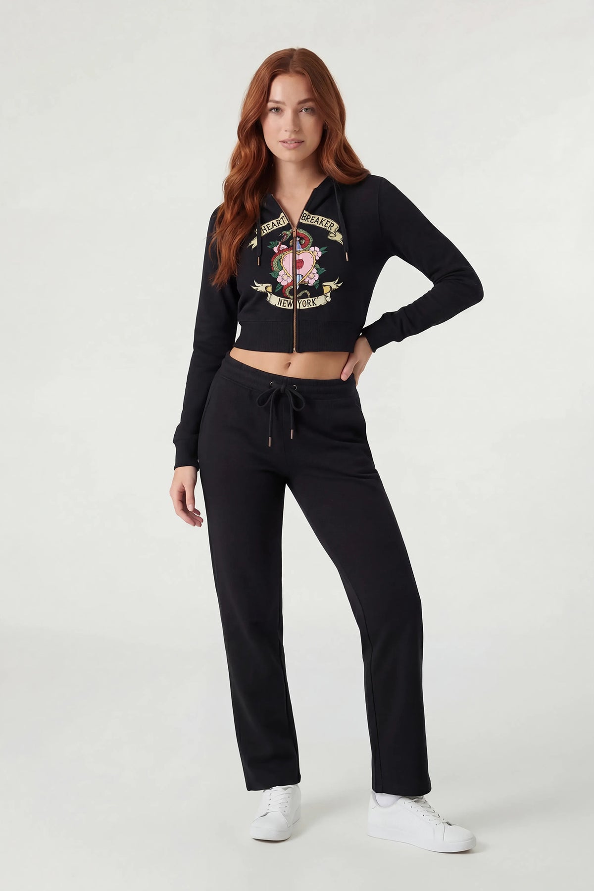 Alt View 3. Graphic Fleece Cropped Zip-Up Hoodie - Black