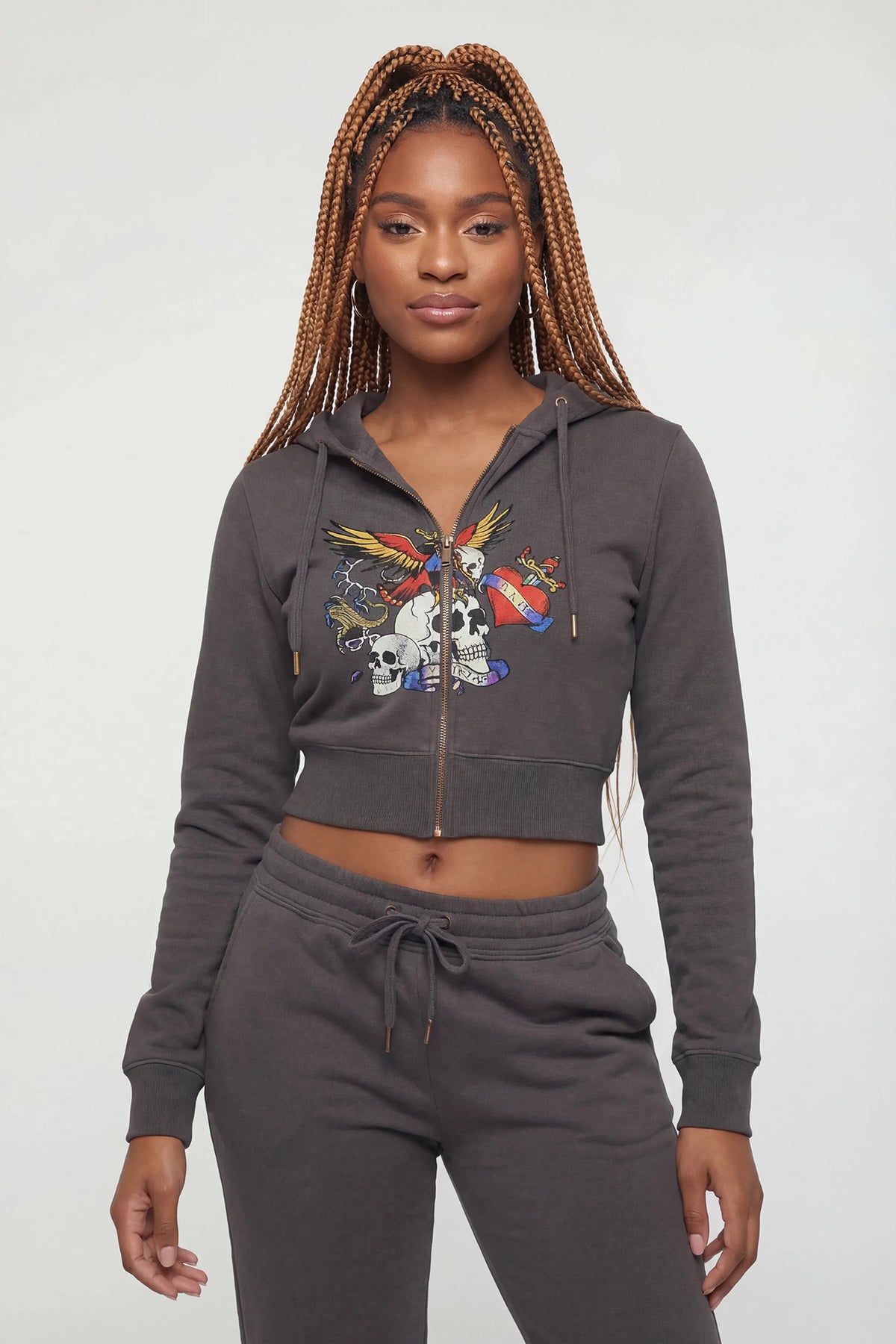 Graphic Fleece Cropped Zip-Up Hoodie - Charcoal