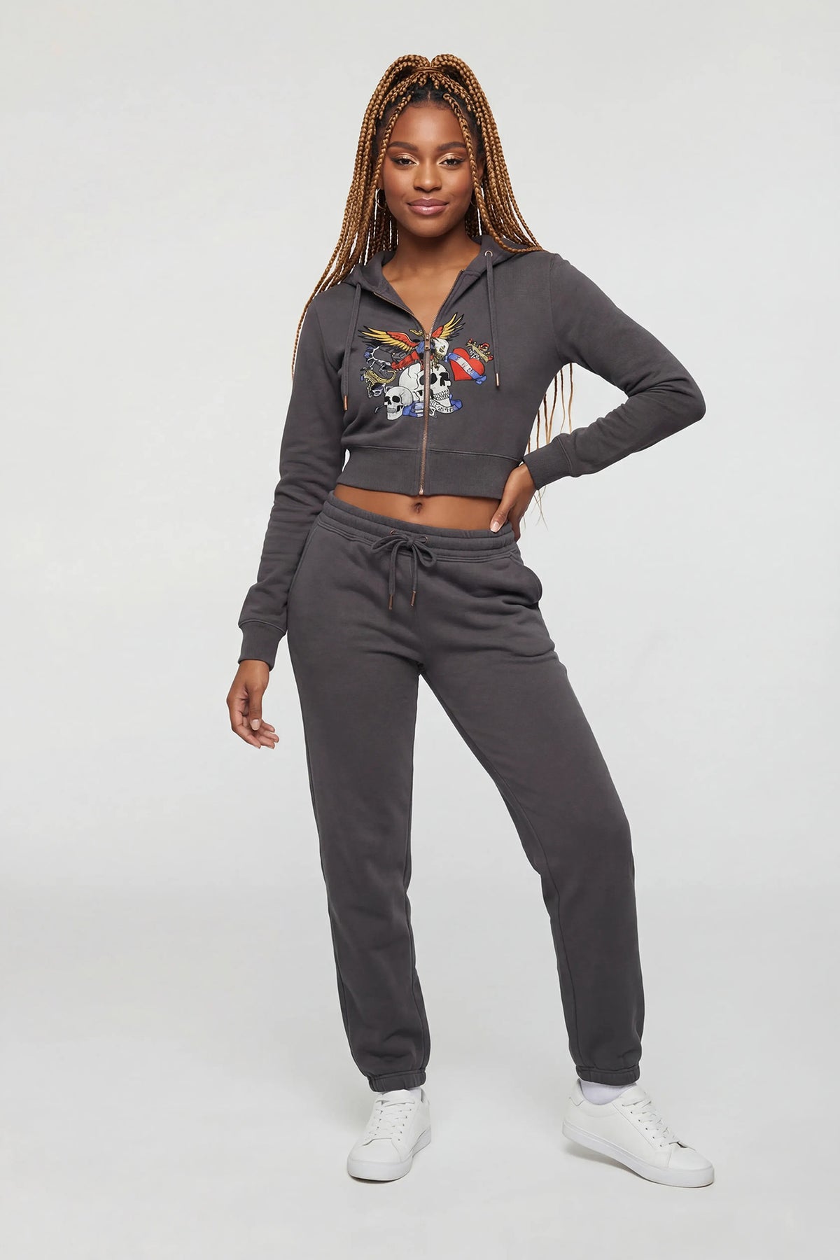 Alt View 3. Graphic Fleece Cropped Zip-Up Hoodie - Charcoal