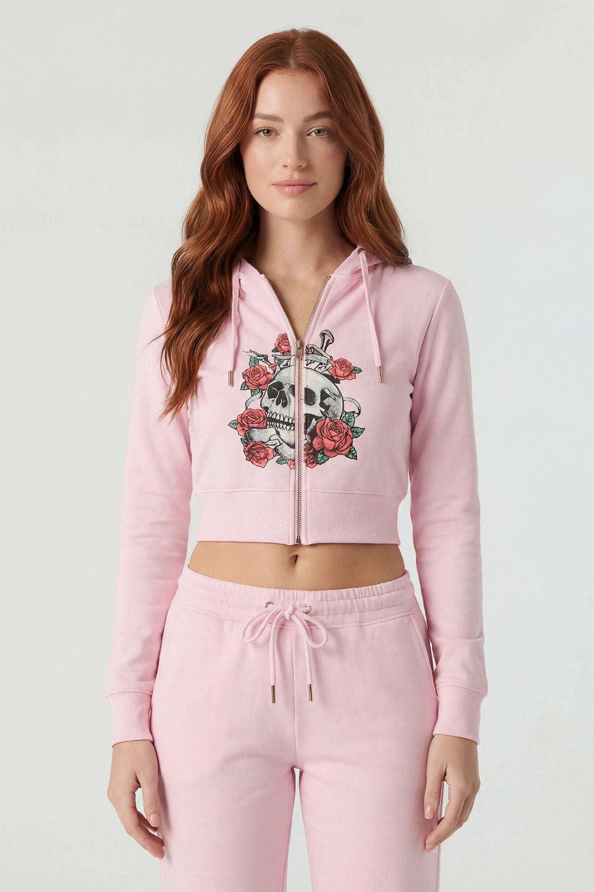 Graphic Fleece Cropped Zip-Up Hoodie - Pink