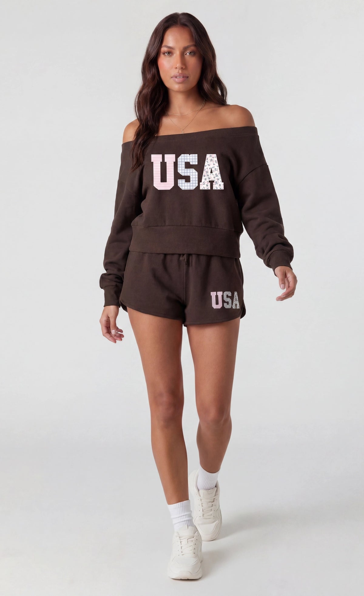 Fleece Graphic Off Shoulder Sweatshirt - Brown