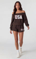 Fleece Graphic Off Shoulder Sweatshirt