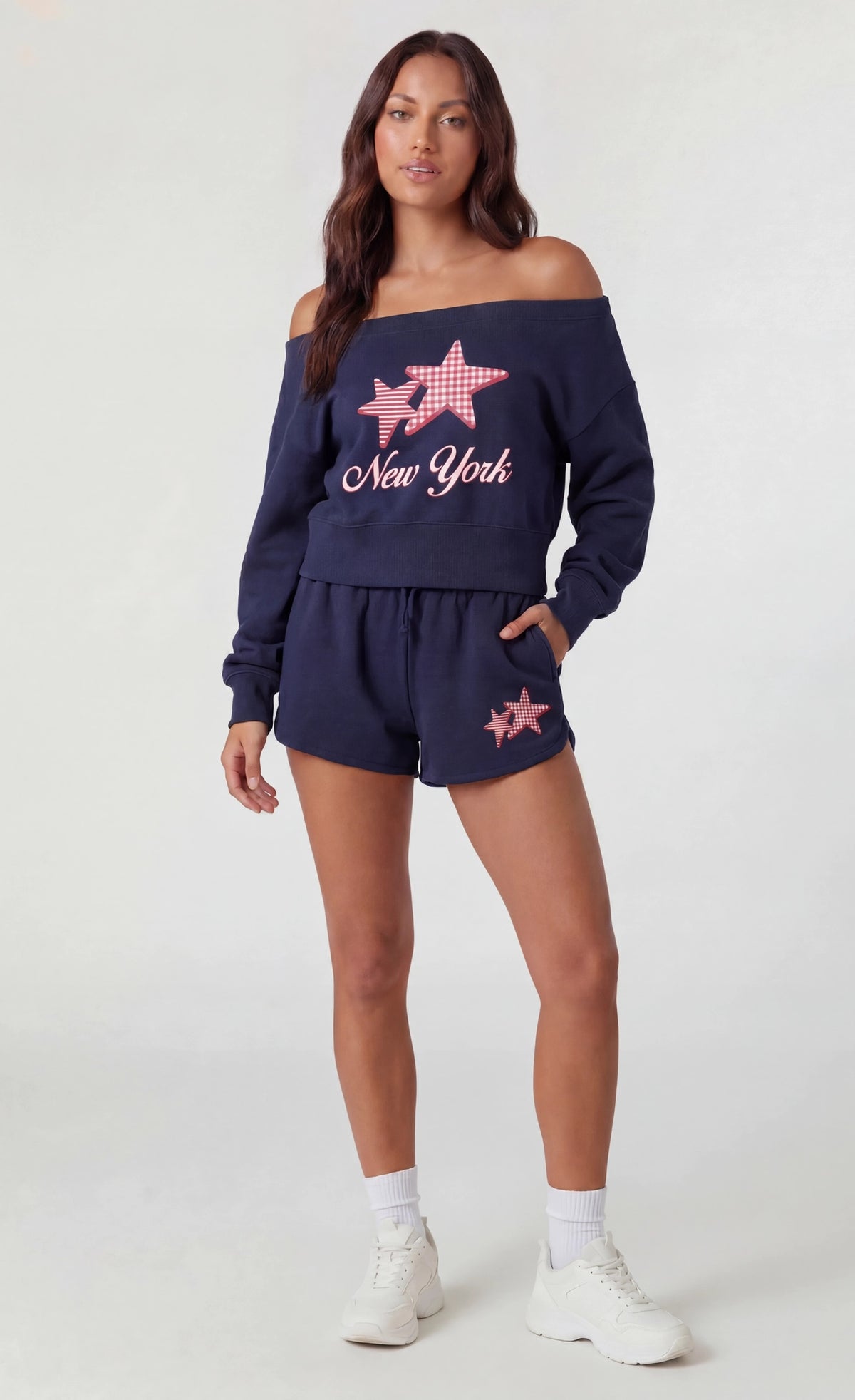 Fleece Graphic Off Shoulder Sweatshirt - Navy