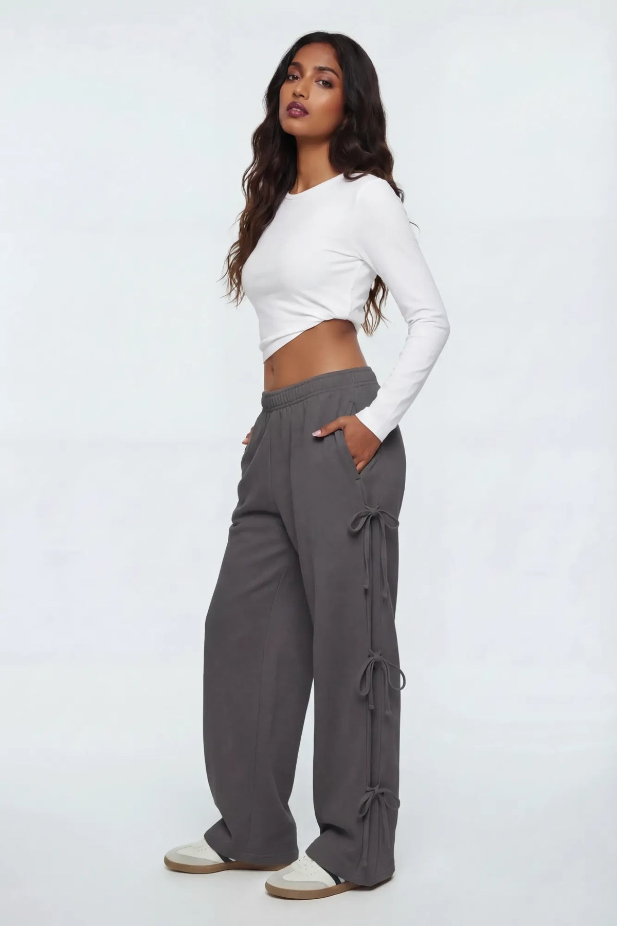 Wide Leg Sweatpant with Bows - Charcoal