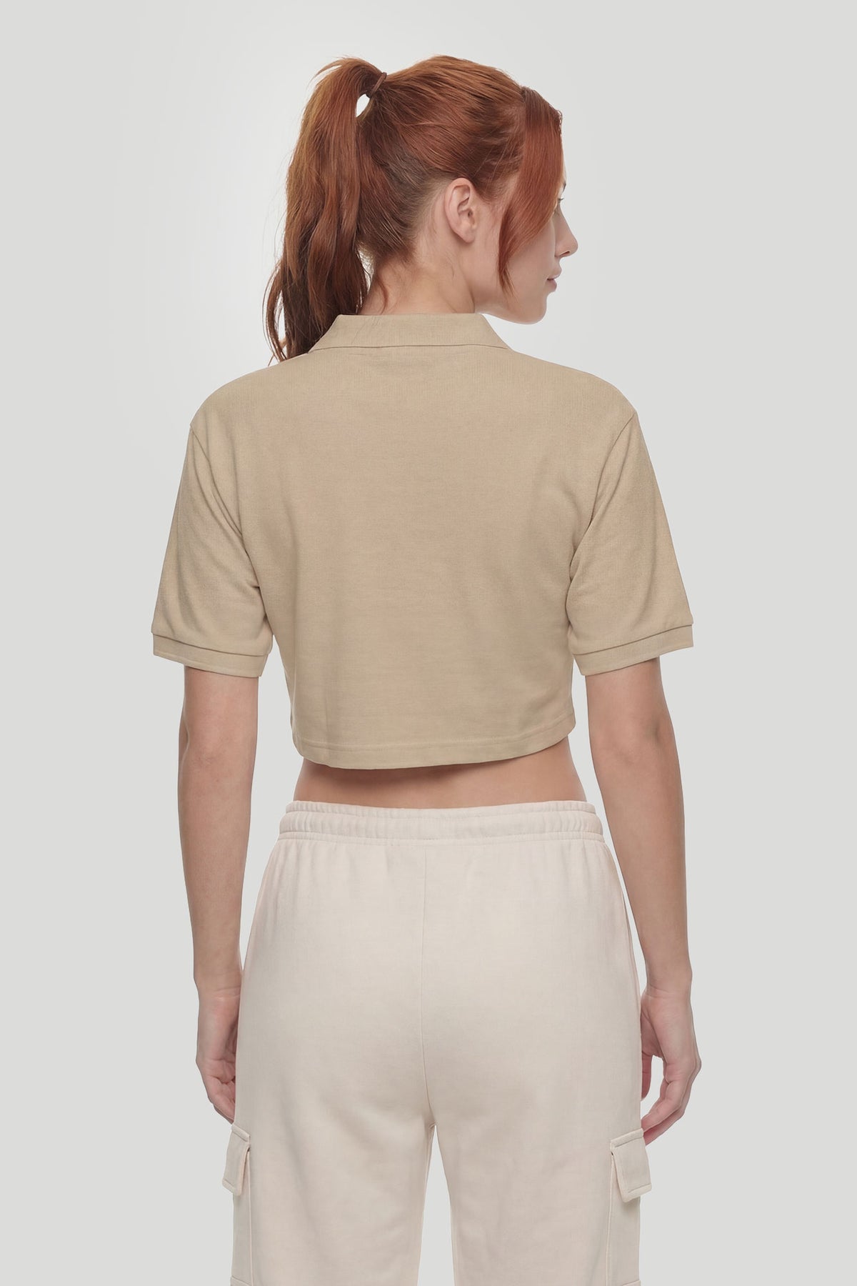 Alt View 2. Embroidered Oversized Cropped Polo - Camel