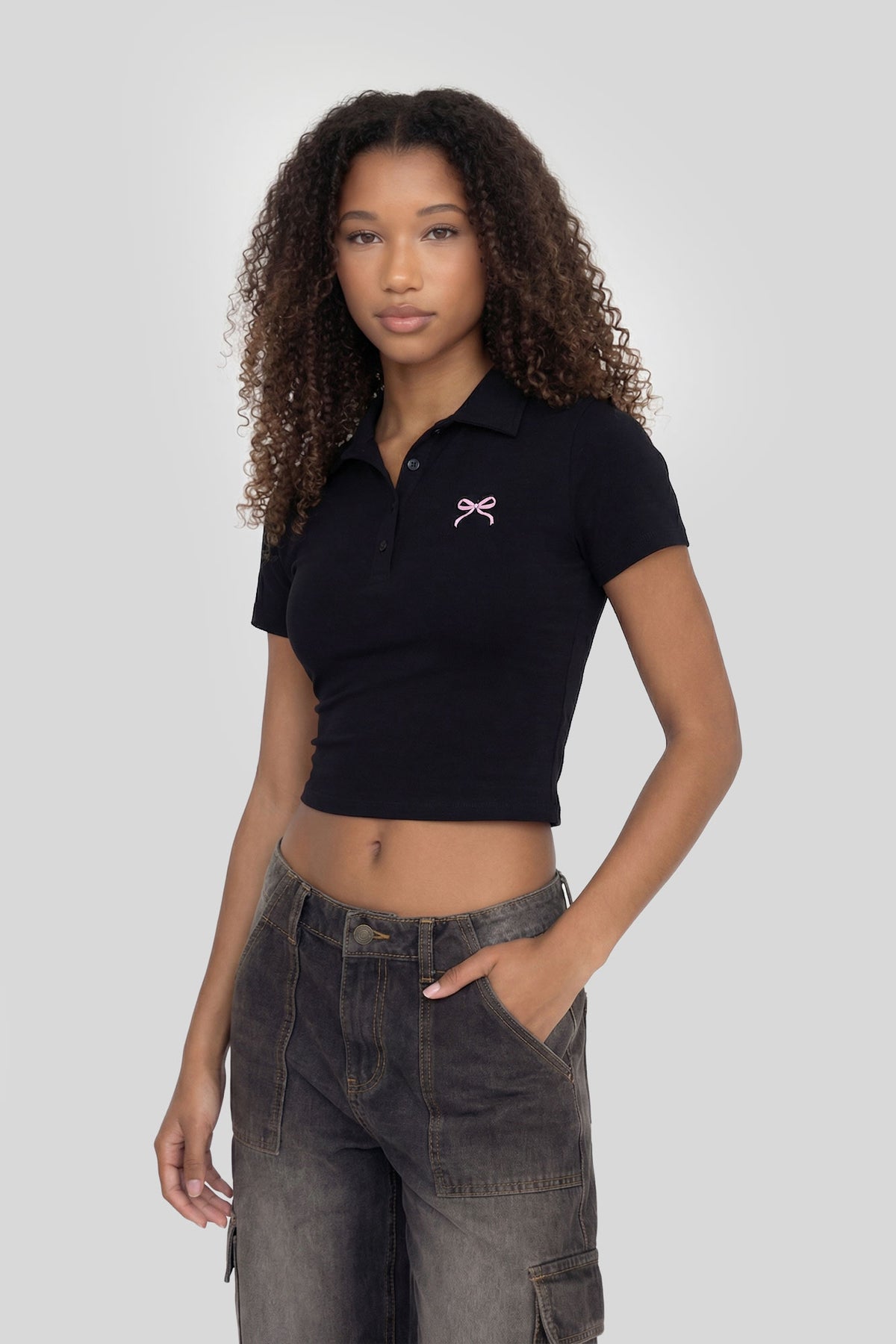 Cropped Polo Shirt - Black