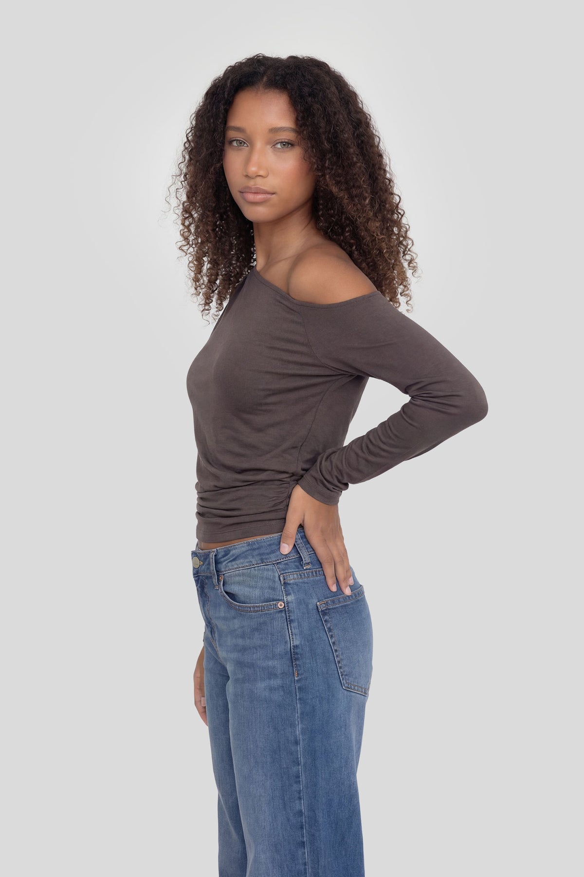 Alt View 2. Off Shoulder Cinched Long Sleeve Top - Brown