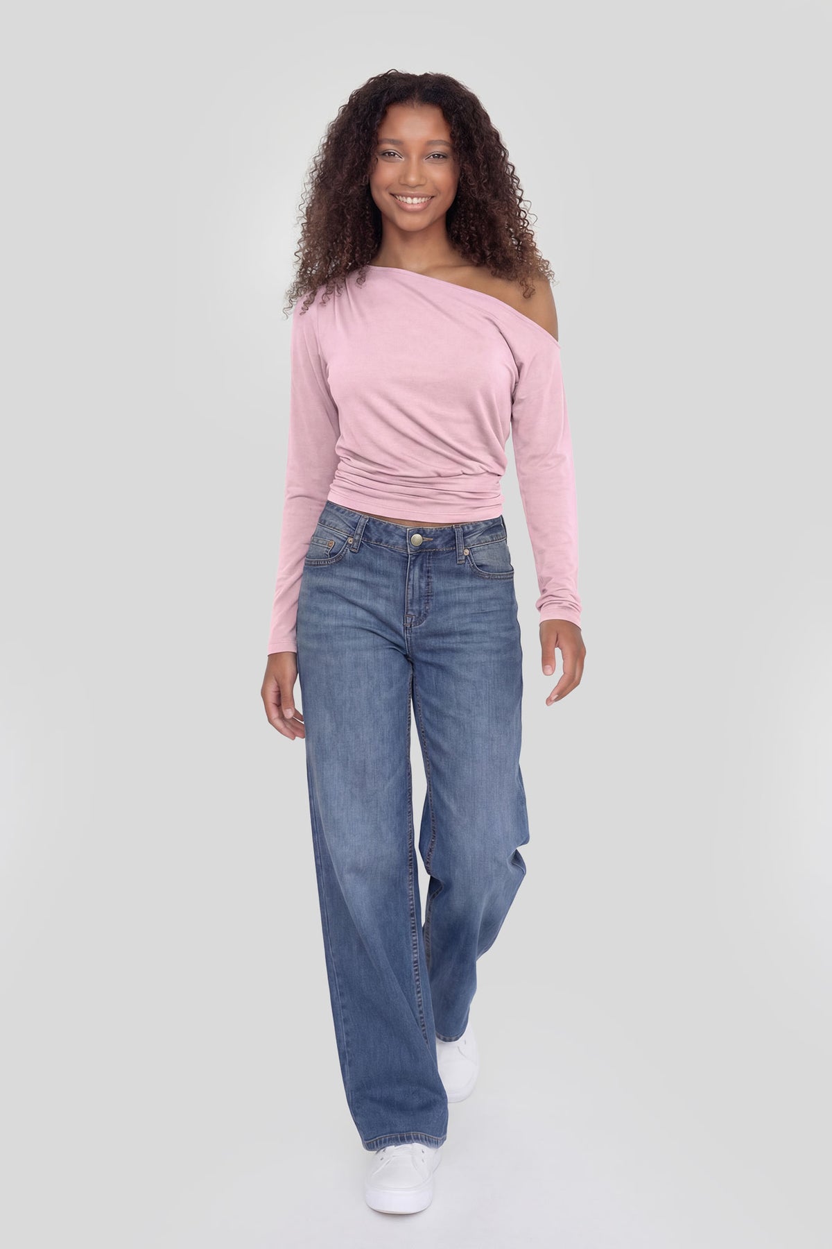Off Shoulder Cinched Long Sleeve Top - Pink