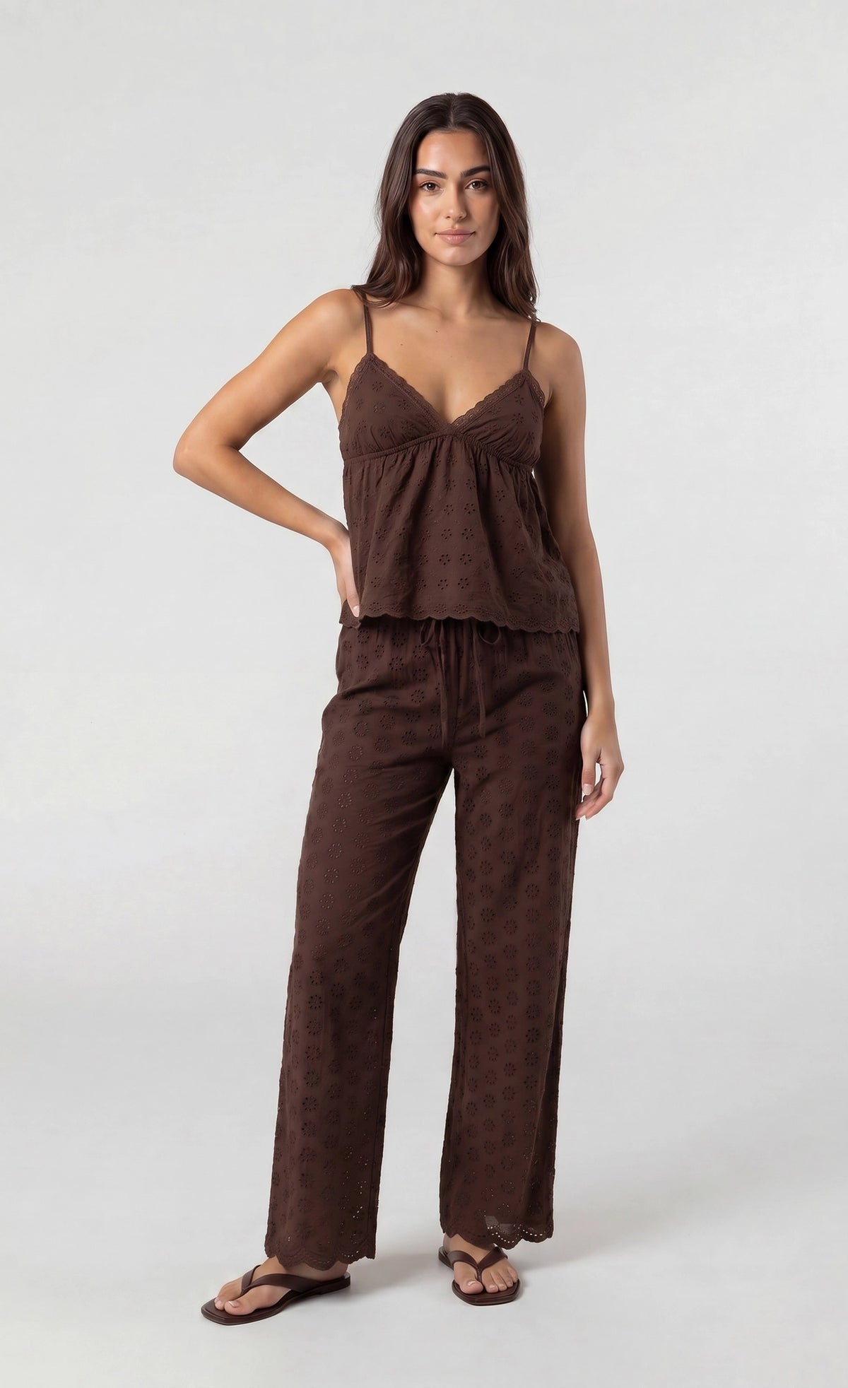 Eyelet Wide Leg Pant - Brown
