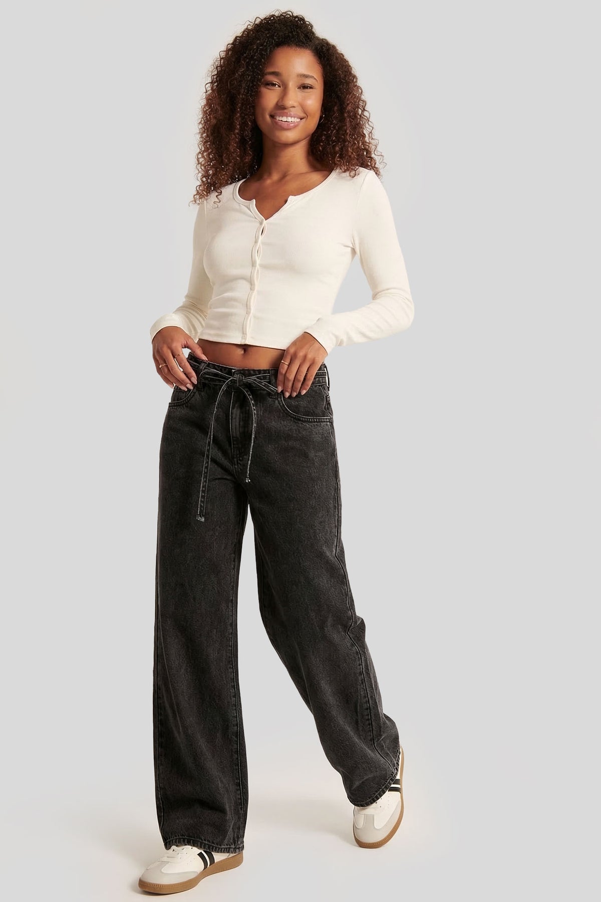 Tie Waist Wide Leg Jean - Black
