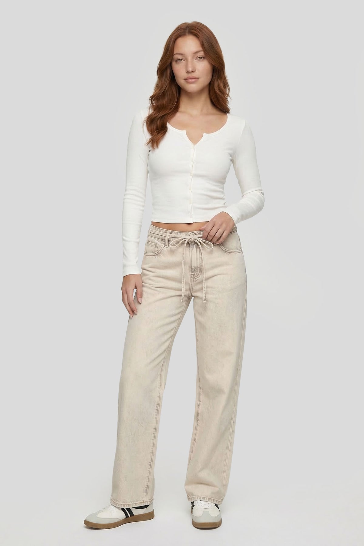 Alt View 3. Tie Waist Wide Leg Jean - Cream