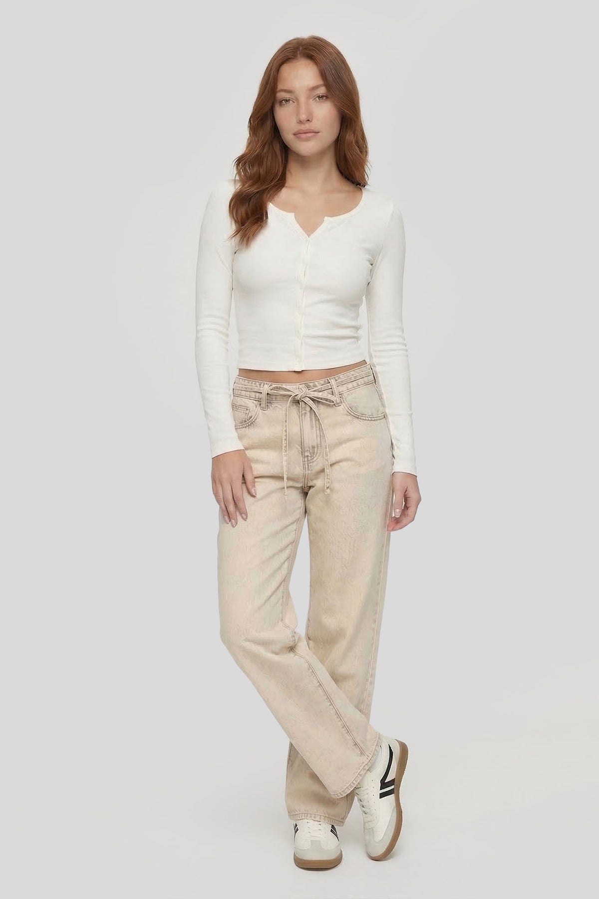 Tie Waist Wide Leg Jean - Cream