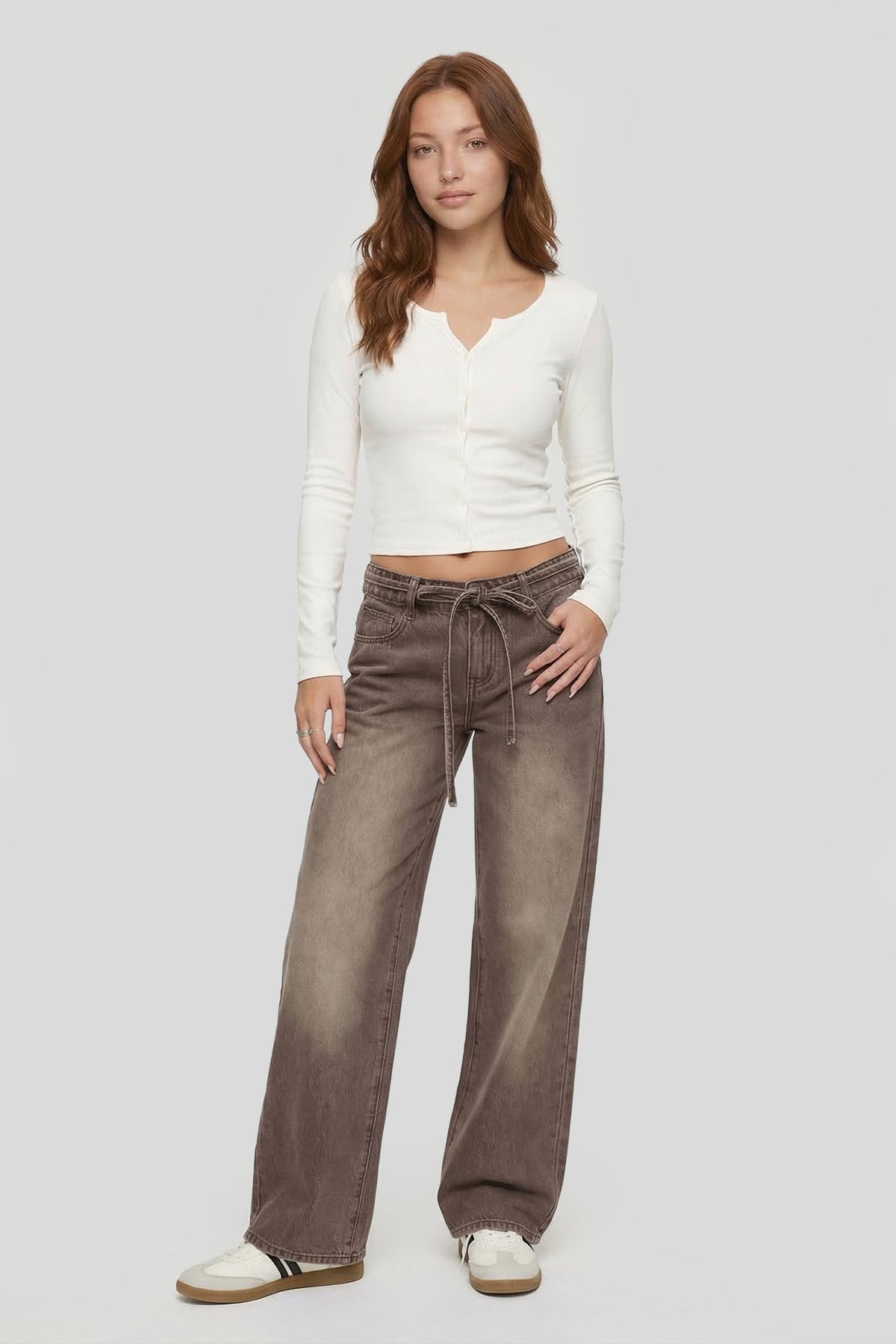 Alt View 3. Tie Waist Wide Leg Jean - Brown