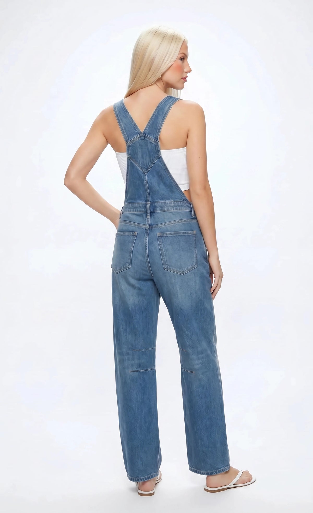 Alt View 2. Barrel Leg Denim Overalls - Medium Blue