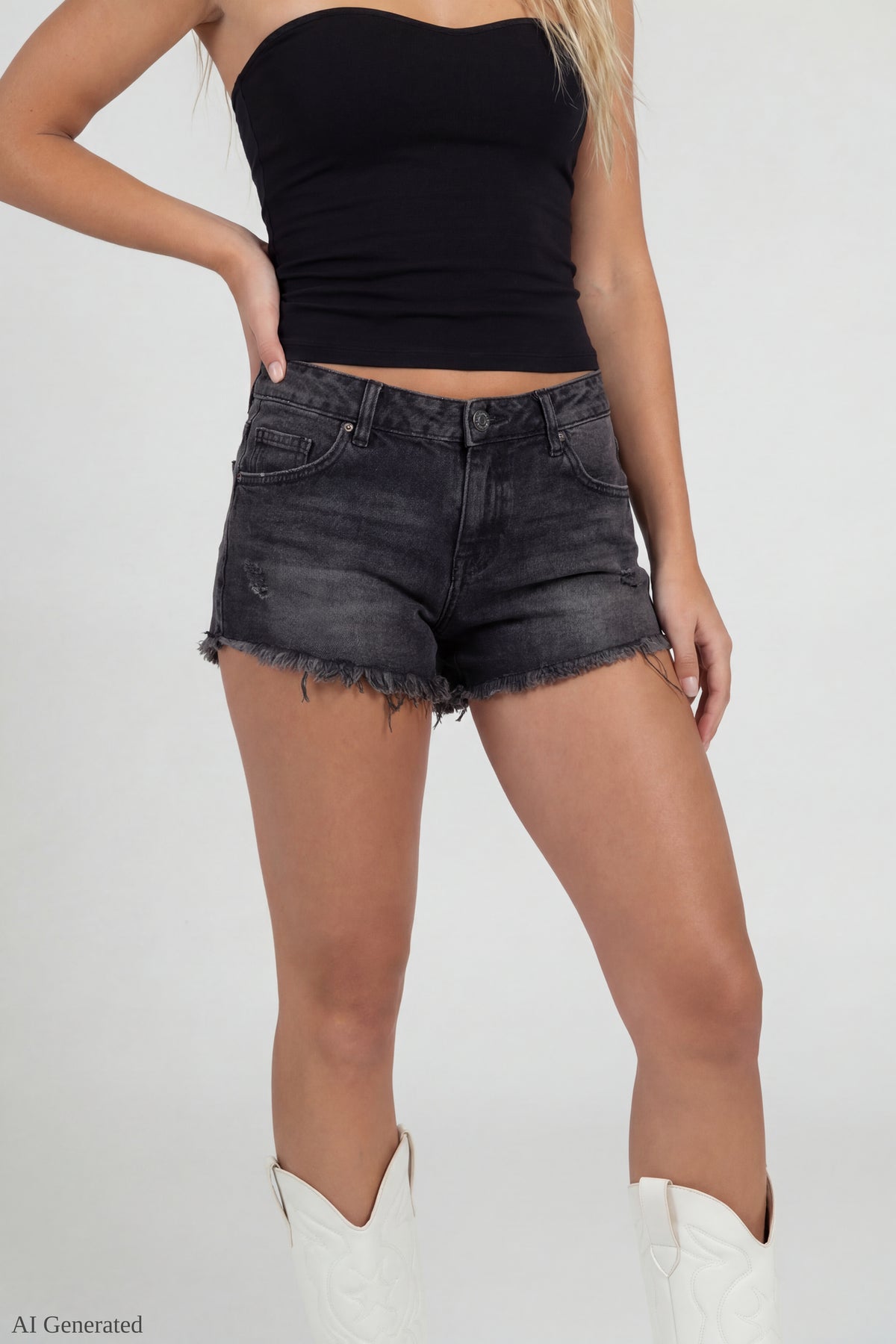 Alt View 2. Ripped Embroidered Denim Short - Black