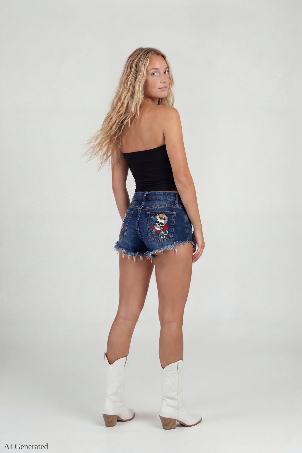 Ripped Embroidered Denim Short - Dark Blue