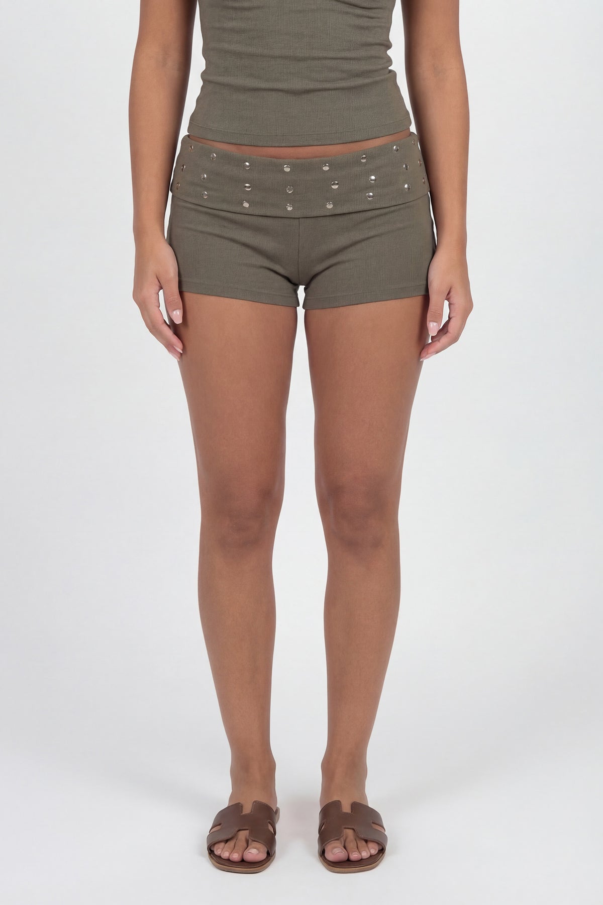 Alt View 2. Studded Foldover Waist Shortie - Dark Green