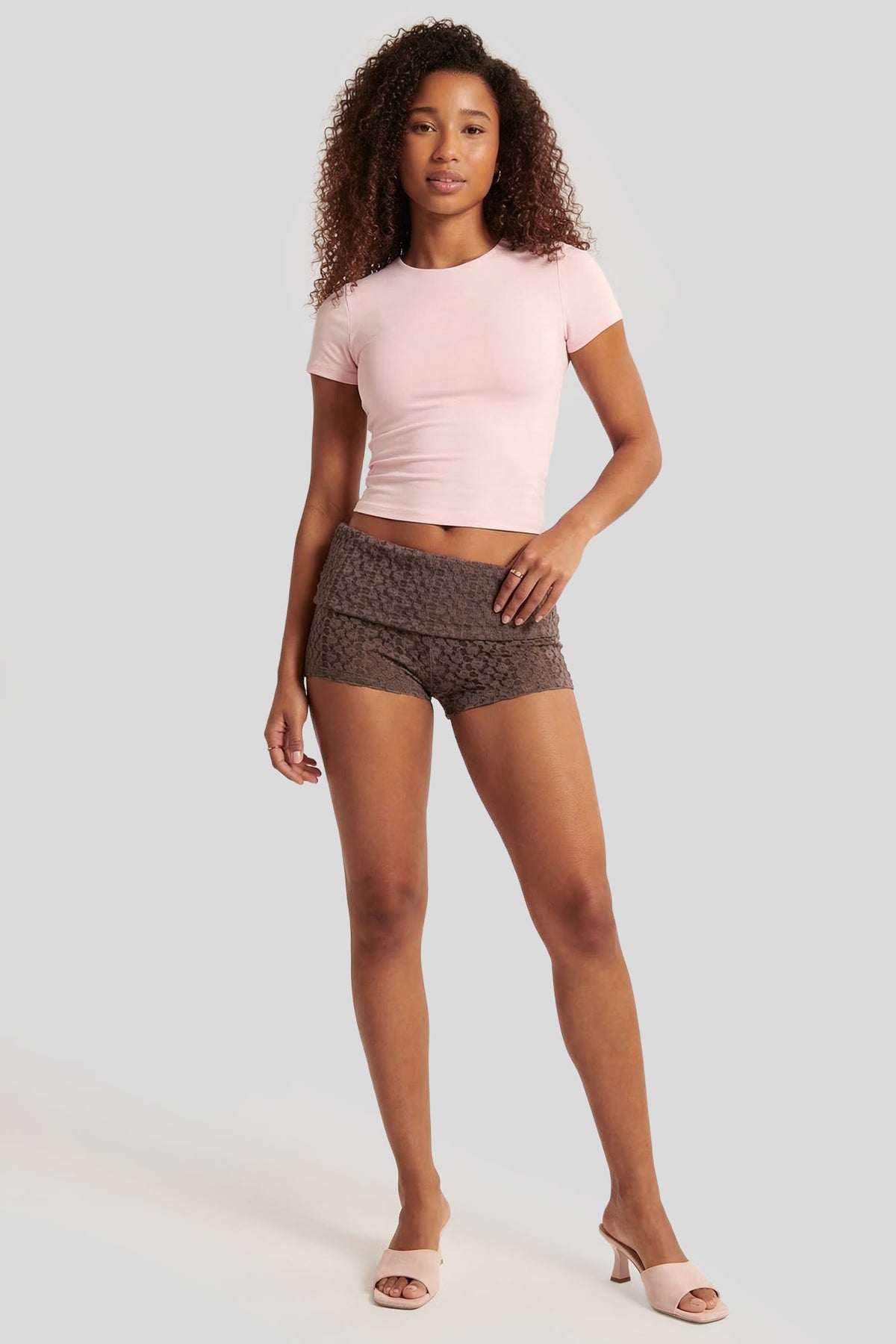 Alt View 3. Lace Foldover Waist Micro Short - Brown
