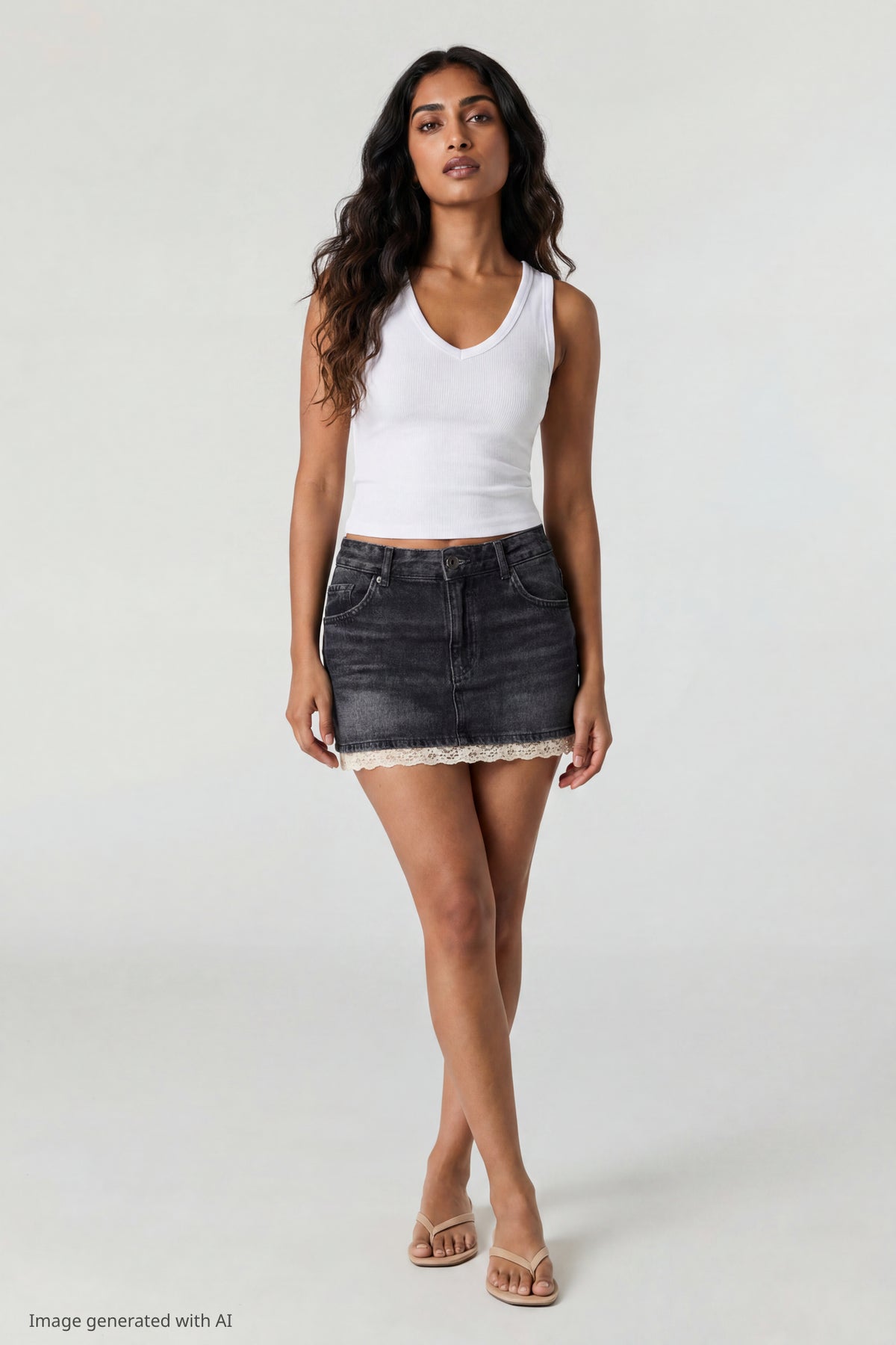 Alt View 3. Lace Trim Denim Mini Skirt - Dark Blue