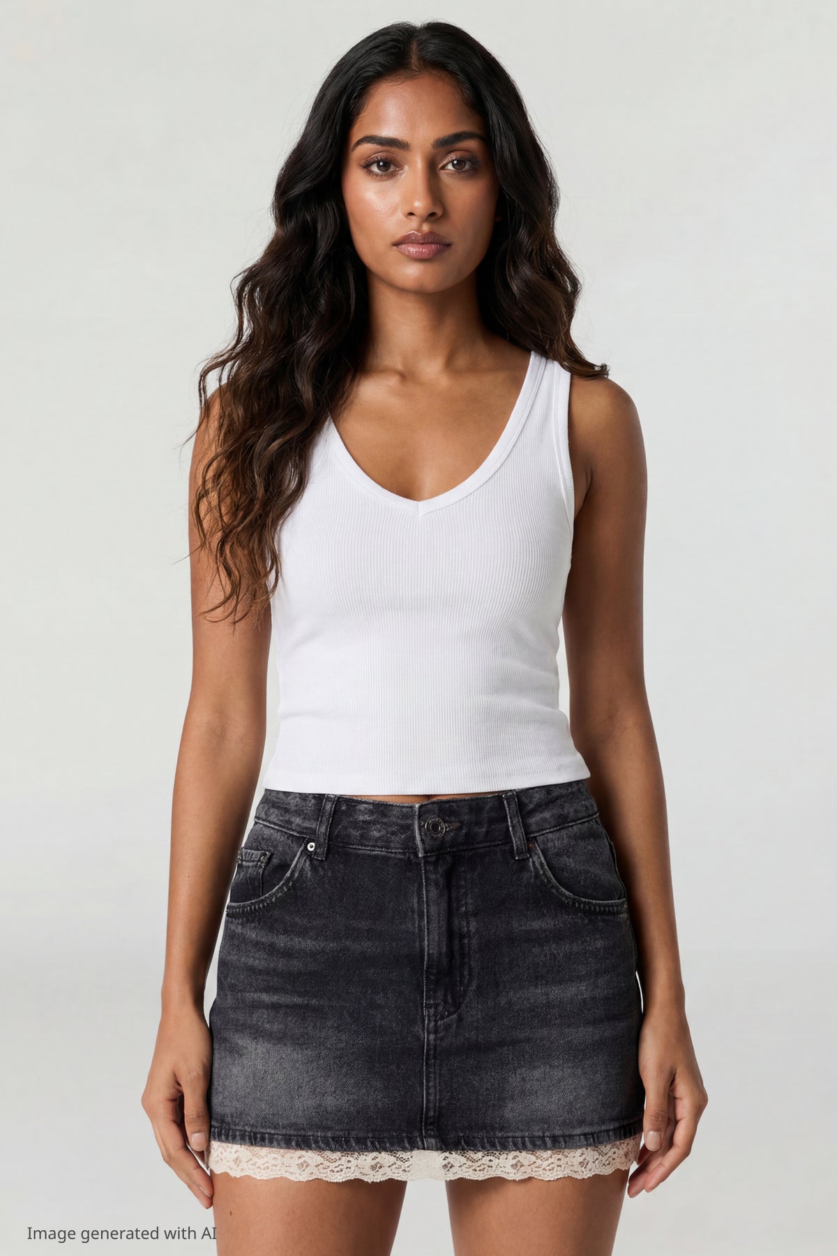 Lace Trim Denim Mini Skirt - Dark Blue