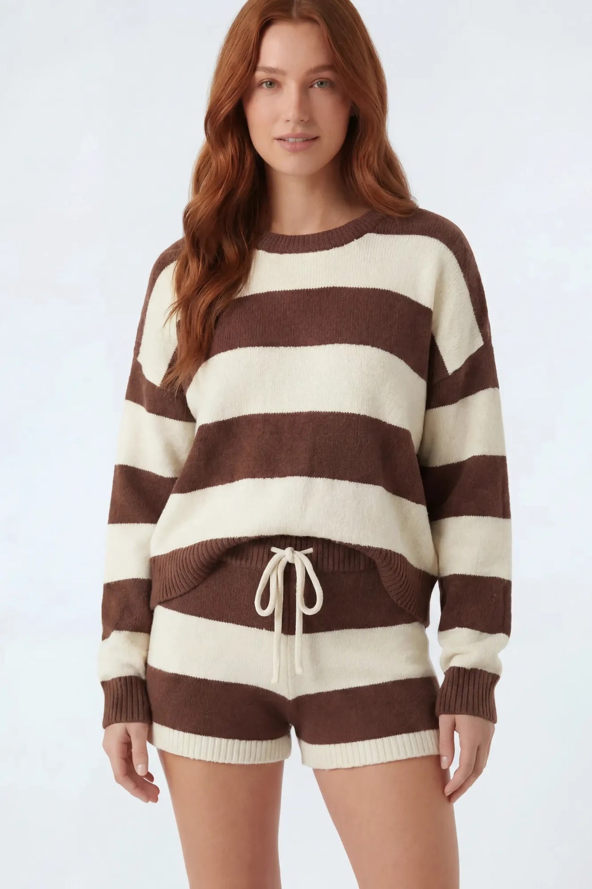 Striped Sweater & Knit Short Set - Brown