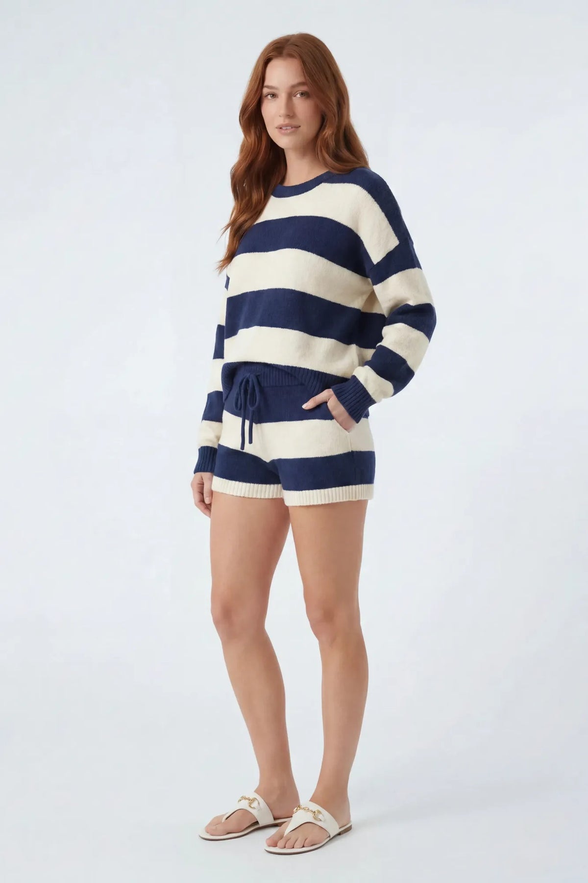 Alt View 4. Striped Sweater & Knit Short Set - Navy