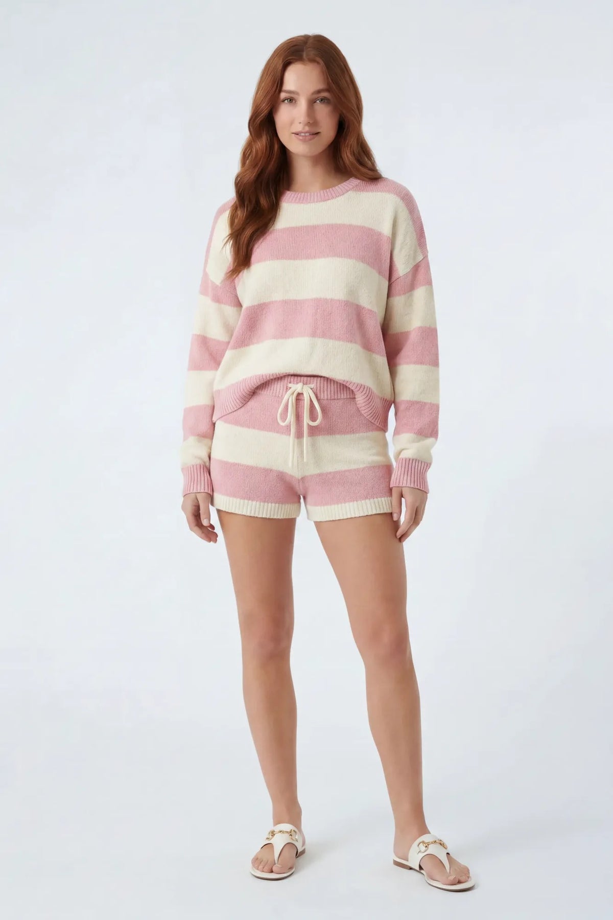 Striped Sweater & Knit Short Set - Pink