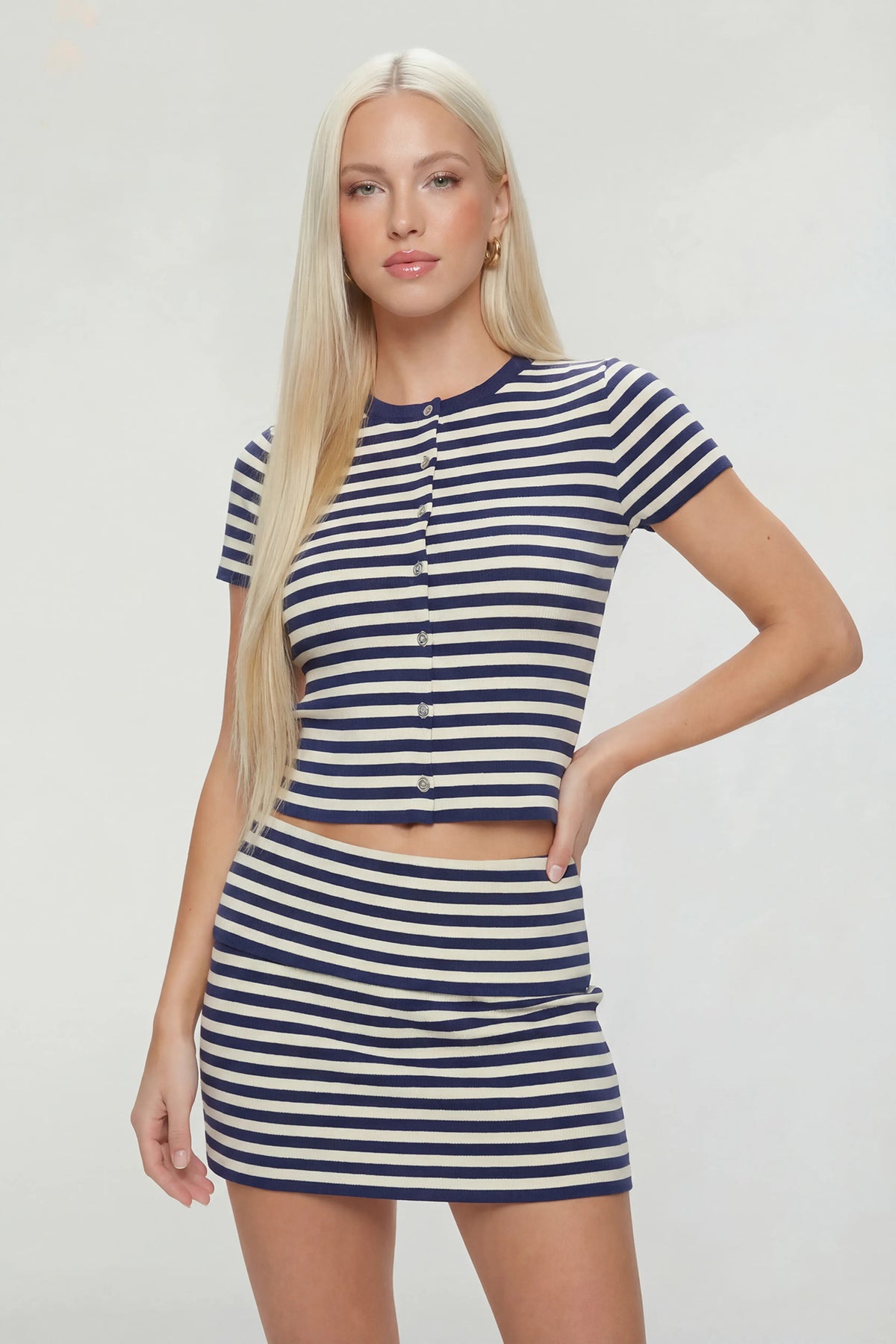 Short Sleeve Cardigan & Knit Mini Skirt Set - Navy