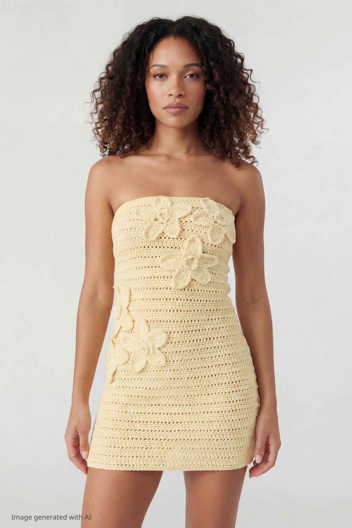 Crochet Floral Mini Tube Dress - Pale Yellow