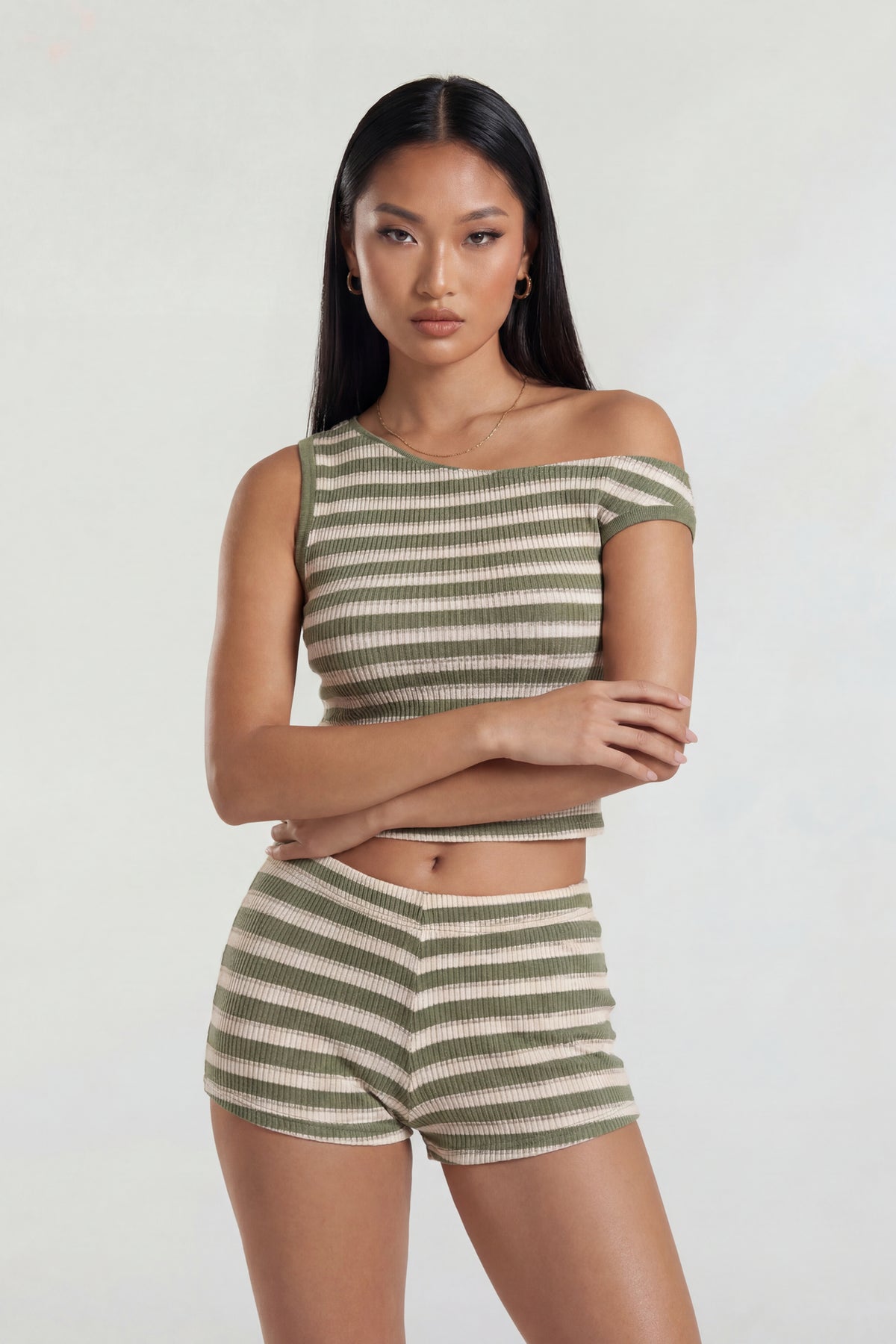 Button-Up Knit Top & Short Set - Dark Green