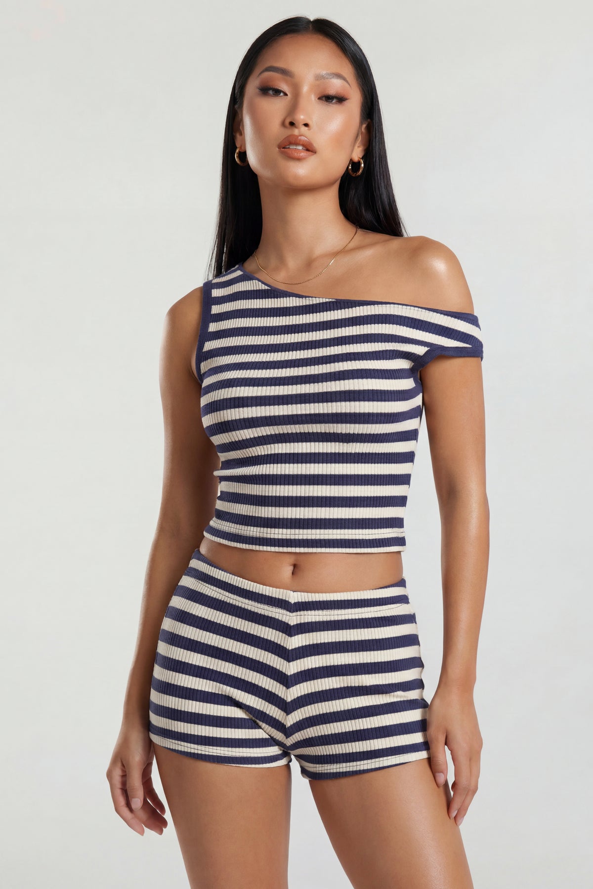 Button-Up Knit Top & Short Set - Navy