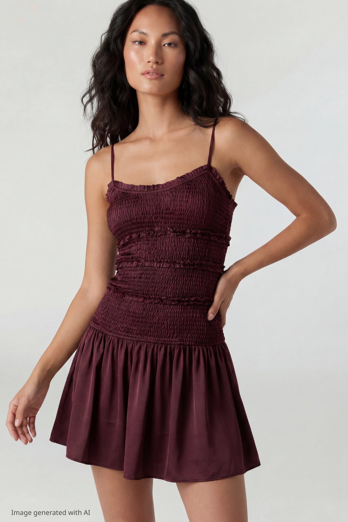 Smocked Mini Dress - Burgundy
