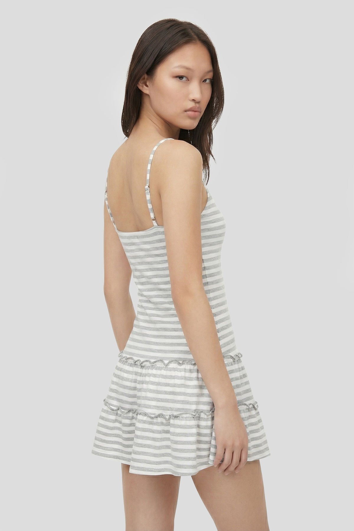 Alt View 2. Striped V-Neck Tiered Mini Dress - Heather Grey